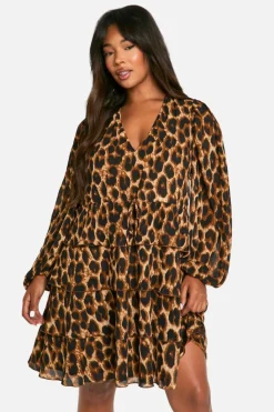 Mini Dresses|Long Sleeve Dresses*boohoo Plus Chiffon Tiered Frill Skater Dress leopard