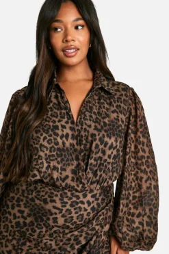 Wrap Dresses|Mini Dresses*boohoo Plus Print Blouson Sleeve Wrap Dress leopard