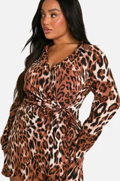 Shirt Dresses|Wrap Dresses*boohoo Plus Print Wrap Shirt Dress leopard