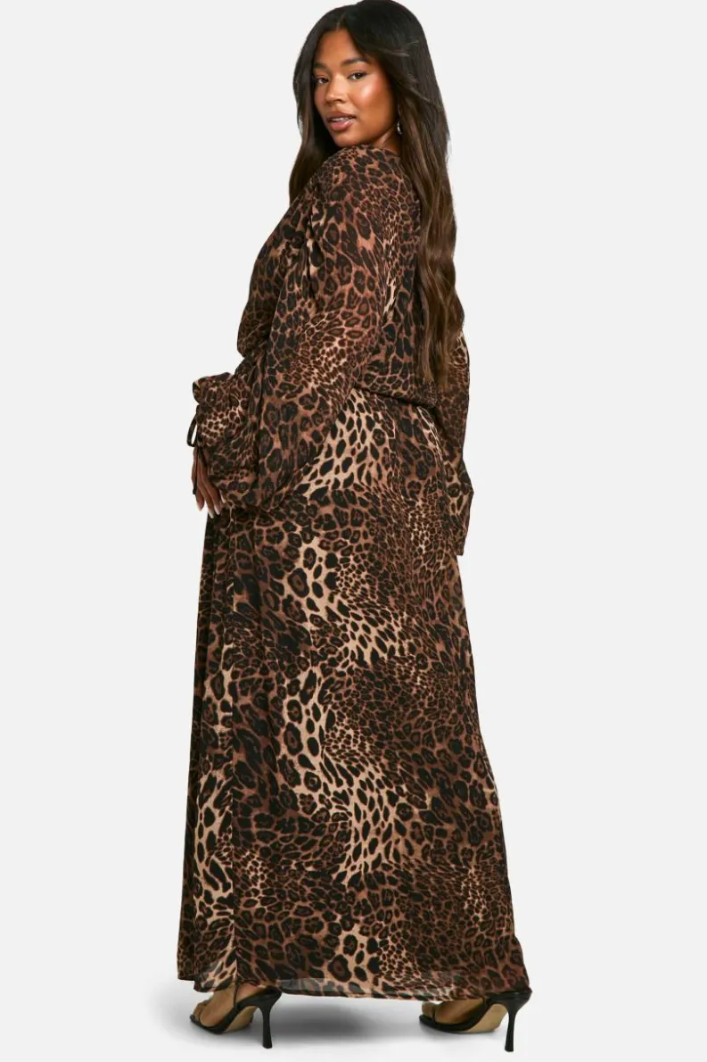 Skater Dresses|Maxi Dresses*boohoo Plus Ruched Blouse Sleeve Maxi Dress leopard