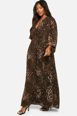 Skater Dresses|Maxi Dresses*boohoo Plus Ruched Blouse Sleeve Maxi Dress leopard