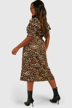 Midi Dresses*boohoo Plus Leopard Shirred Cuff Midi Dress brown