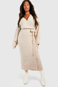 Wrap Dresses|Jumper Dresses*boohoo Plus Lightweight Mixed Rib Wrap Jumper Dress taupe