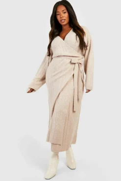 Wrap Dresses|Jumper Dresses*boohoo Plus Lightweight Mixed Rib Wrap Jumper Dress taupe