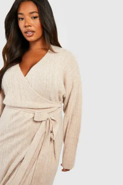 Wrap Dresses|Jumper Dresses*boohoo Plus Lightweight Mixed Rib Wrap Jumper Dress taupe