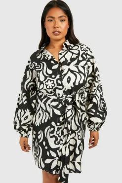 Shirt Dresses*boohoo Plus Linen Feel Abstract Print Belted Shirt Dress mono