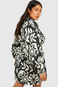 Shirt Dresses*boohoo Plus Linen Feel Abstract Print Belted Shirt Dress mono