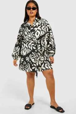 Shirt Dresses*boohoo Plus Linen Feel Abstract Print Belted Shirt Dress mono