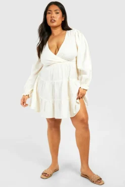 Skater Dresses*boohoo Plus Linen Feel Plunge Tiered Mini Dress stone