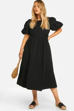 Midi Dresses*boohoo Plus Linen Feel Puff Sleeve Midi Dress black