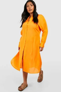 Shirt Dresses|Midi Dresses*boohoo Plus Linen Look Midi Shirt Dress orange