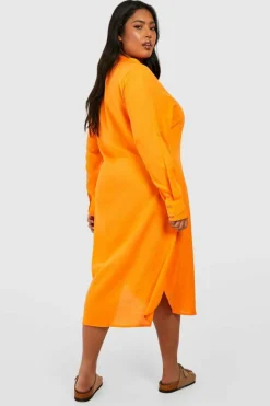 Shirt Dresses|Midi Dresses*boohoo Plus Linen Look Midi Shirt Dress orange
