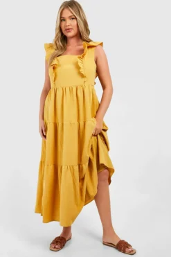 Smock Dresses*boohoo Plus Linen Look Ruffle Midaxi Smock Dress mustard
