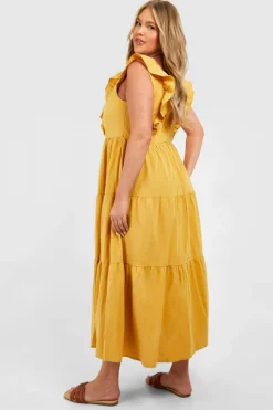 Smock Dresses*boohoo Plus Linen Look Ruffle Midaxi Smock Dress mustard