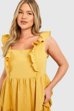 Smock Dresses*boohoo Plus Linen Look Ruffle Midaxi Smock Dress mustard