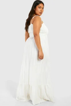 Smock Dresses*boohoo Plus Linen Look Shirred Stripe Bandeau Maxi Dress stone