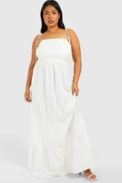 Smock Dresses*boohoo Plus Linen Look Shirred Stripe Bandeau Maxi Dress stone