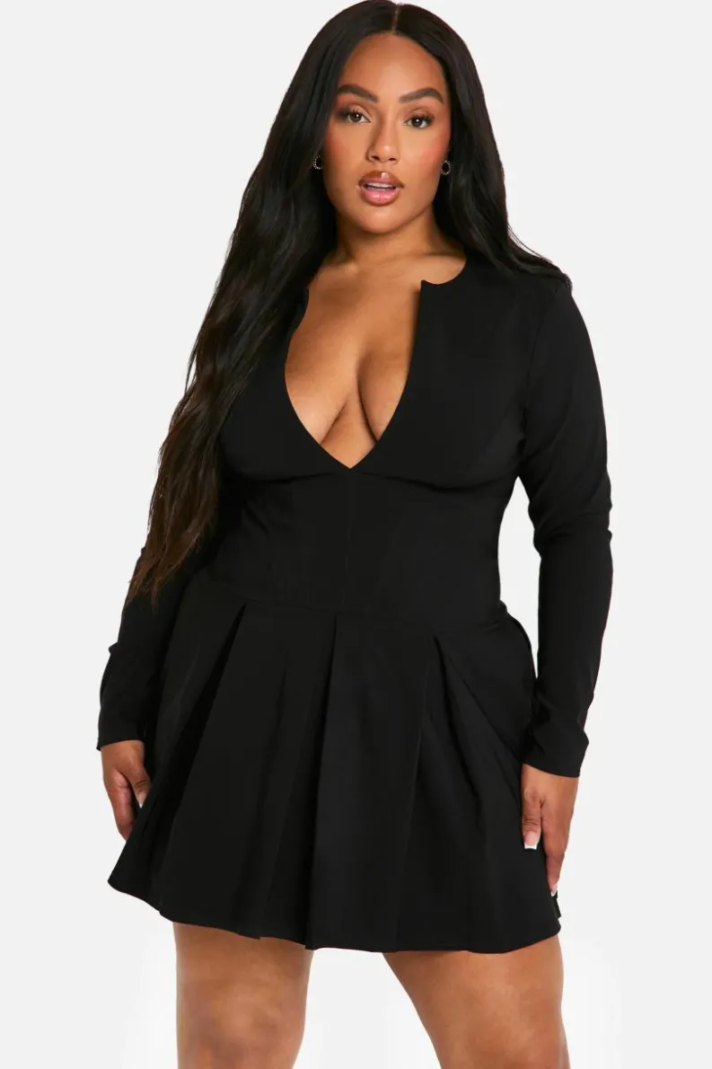 Skater Dresses|Mini Dresses*boohoo Plus Long Sleeve Corset Detail Plunge Pleated Hem Dress black