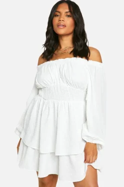 Smock Dresses*boohoo Plus Long Sleeve Dobby Mini Dress white