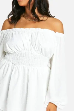 Smock Dresses*boohoo Plus Long Sleeve Dobby Mini Dress white