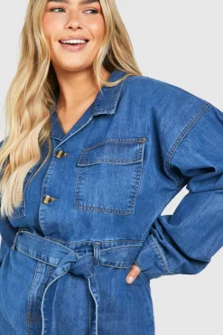 Long Sleeve Dresses|Long Sleeve Dresses*boohoo Plus Long Sleeve Tie Belt Denim Dress mid blue