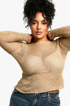 Jumpers*boohoo Plus Loose Knit Fine Gauge Sheer Jumper taupe