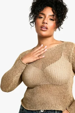 Jumpers*boohoo Plus Loose Knit Fine Gauge Sheer Jumper taupe