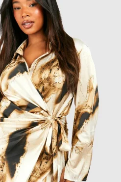 Shirt Dresses|Wrap Dresses*boohoo Plus Marble Print Wrap Shirt Dress brown