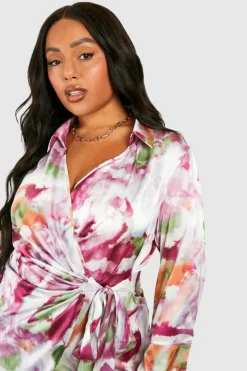 Shirt Dresses|Wrap Dresses*boohoo Plus Marble Print Wrap Shirt Dress pink