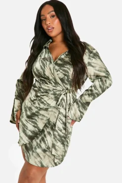 Shirt Dresses|Wrap Dresses*boohoo Plus Marble Print Wrap Shirt Dress khaki