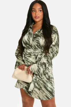 Shirt Dresses|Wrap Dresses*boohoo Plus Marble Print Wrap Shirt Dress khaki