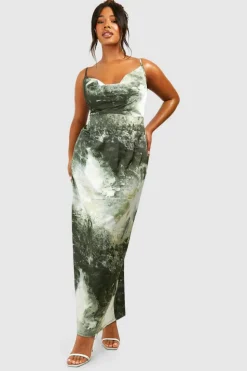 Maxi Dresses*boohoo Plus Marble Printed Satin Maxi Dress green