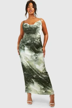 Maxi Dresses*boohoo Plus Marble Printed Satin Maxi Dress green