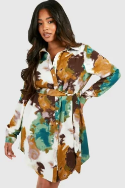 Shirt Dresses|Mini Dresses*boohoo Plus Marble Printed Tie Belt Shirt Dress green