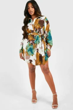 Shirt Dresses|Mini Dresses*boohoo Plus Marble Printed Tie Belt Shirt Dress green