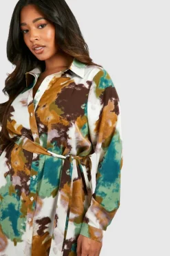 Shirt Dresses|Mini Dresses*boohoo Plus Marble Printed Tie Belt Shirt Dress green