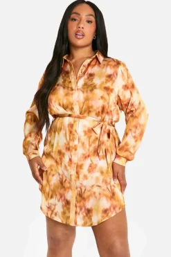 Shirt Dresses*boohoo Plus Marble Printed Tie Belt Shirt Dress burnt orange