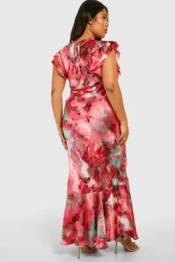 Skater Dresses|Maxi Dresses*boohoo Plus Marble Satin Ruffle Sleeve Maxi Dress pink