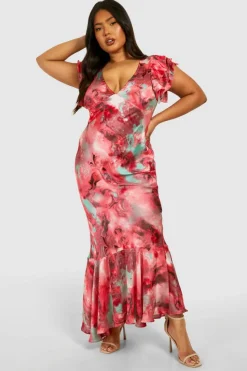 Skater Dresses|Maxi Dresses*boohoo Plus Marble Satin Ruffle Sleeve Maxi Dress pink