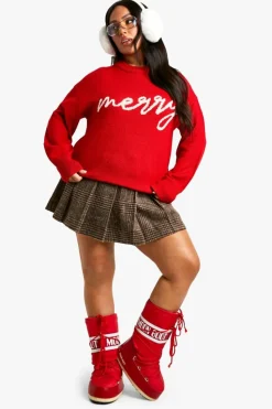 Oversized Jumpers*boohoo Plus Merry Slogan Christmas Oversized Jumper red