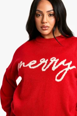 Oversized Jumpers*boohoo Plus Merry Slogan Christmas Oversized Jumper red