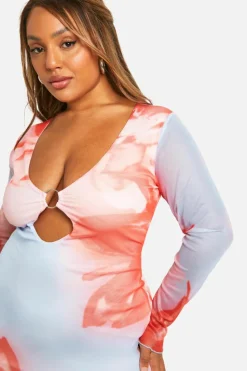 Bodycon Dresses*boohoo Plus Mesh Floral Print Cut Out Detail Long Sleeve Mini Dress blue