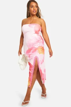 Bodycon Dresses*boohoo Plus Mesh Floral Print Lace Trim Split Midaxi Dress pink