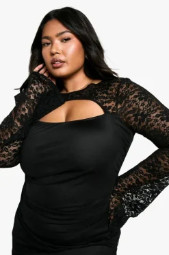 Bodycon Dresses*boohoo Plus Mesh Lace Ruched Bodycon Dress black