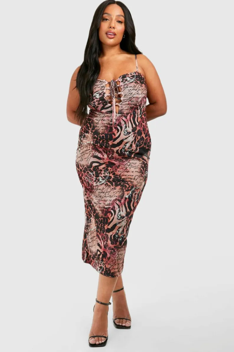 Cami Dresses|Midi Dresses*boohoo Plus Mesh Mixed Leopard Print Lace Up Corset Detail Cami Midi Dress multi
