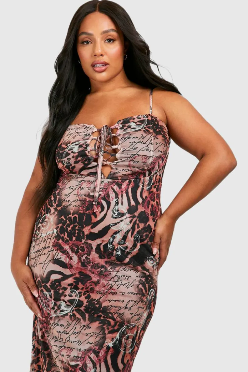 Cami Dresses|Midi Dresses*boohoo Plus Mesh Mixed Leopard Print Lace Up Corset Detail Cami Midi Dress multi