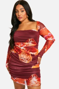 Bodycon Dresses*boohoo Plus Mesh Printed Ruched Bodycon Dress multi