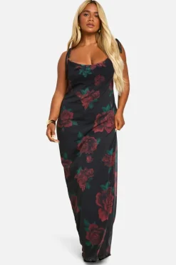 Bodycon Dresses*boohoo Plus Mesh Rose Floral Tie Cowl Neck Maxi Dress black