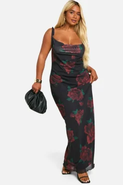 Bodycon Dresses*boohoo Plus Mesh Rose Floral Tie Cowl Neck Maxi Dress black