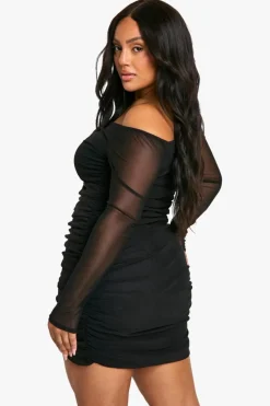 Bodycon Dresses*boohoo plus mesh Ruched bardot mini black